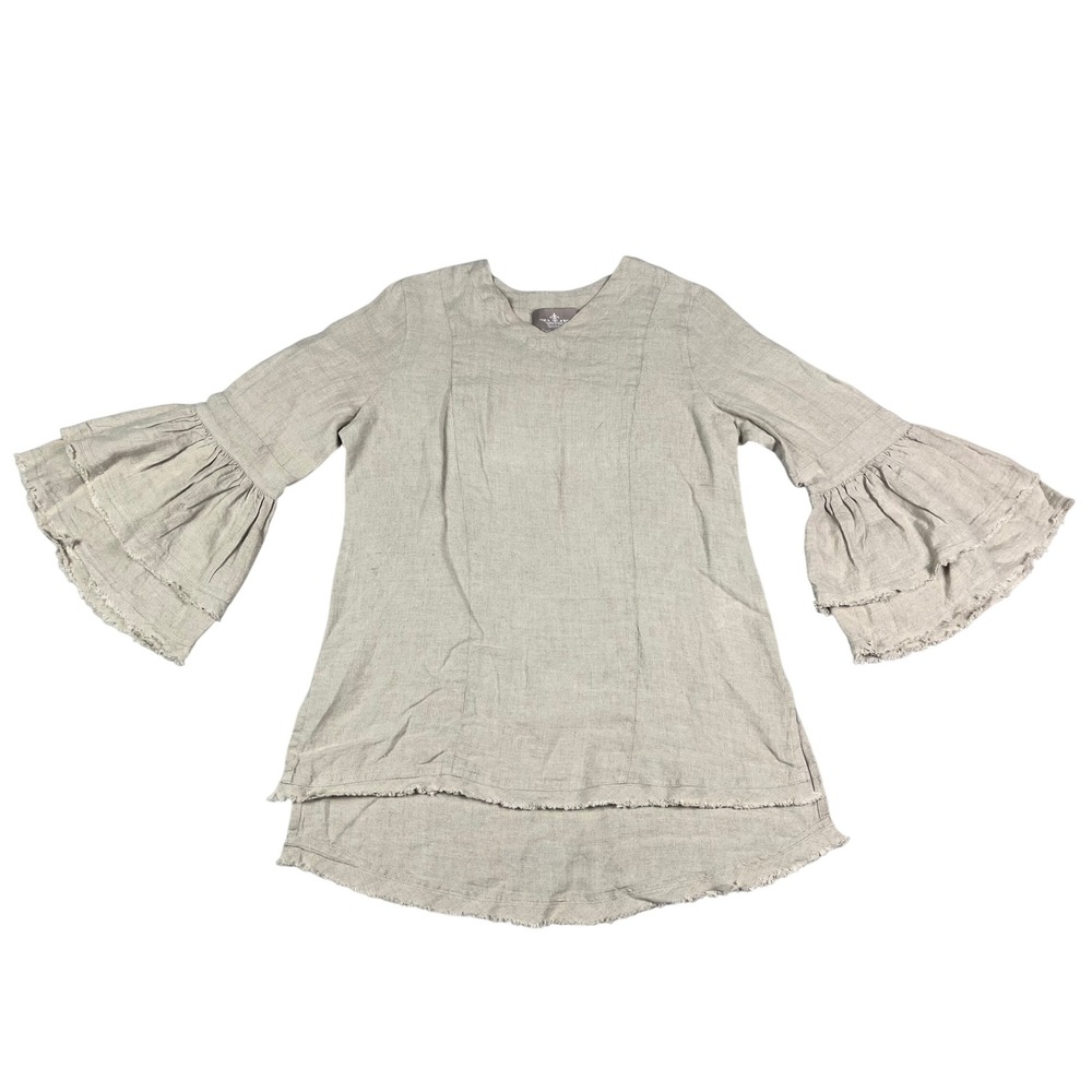 Crown Linen Designs Oatmeal Beige 100% Linen Bell Sleeve Frayed Tunic Top Medium